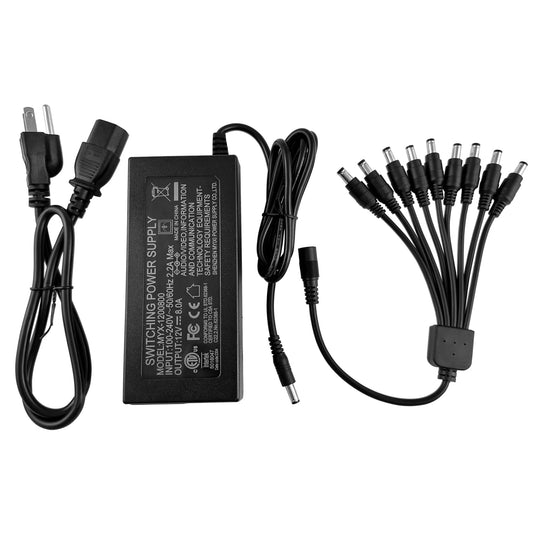 12V 8A Security Camera and DVR Power Adapter with 9-Way Splitter | 100V-240V Input, 2.1x5.5mm Plug, Compatible with Lorex, Night Owl, Swann, ZOSI, Reolink, Annke IP and BNC Cameras