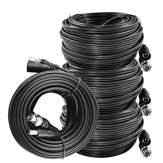 60 ft BNC Video Power Extension Cables for CCTV Cameras, 4-Pack | For DVR Security Camera Systems, Black, Video and Power in One Cable