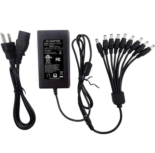Security Camera Power Adapter with 9-Way Power Splitter, 12V 5A 100V-240V 2.1x5.5mm Power Supply, Compatible with Lorex, Samsung, Q-See, Night Owl, Swann, Annke IP and BNC Cameras | 2.1x5.5mm plug, 100V-240V input
